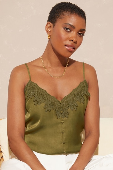 Love & Roses Khaki Green Lace Trim V Neck Cami Vest Top