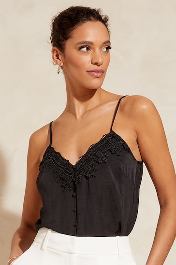 Buy Love & Roses Black Lace Trim V Neck Cami Vest Top from the