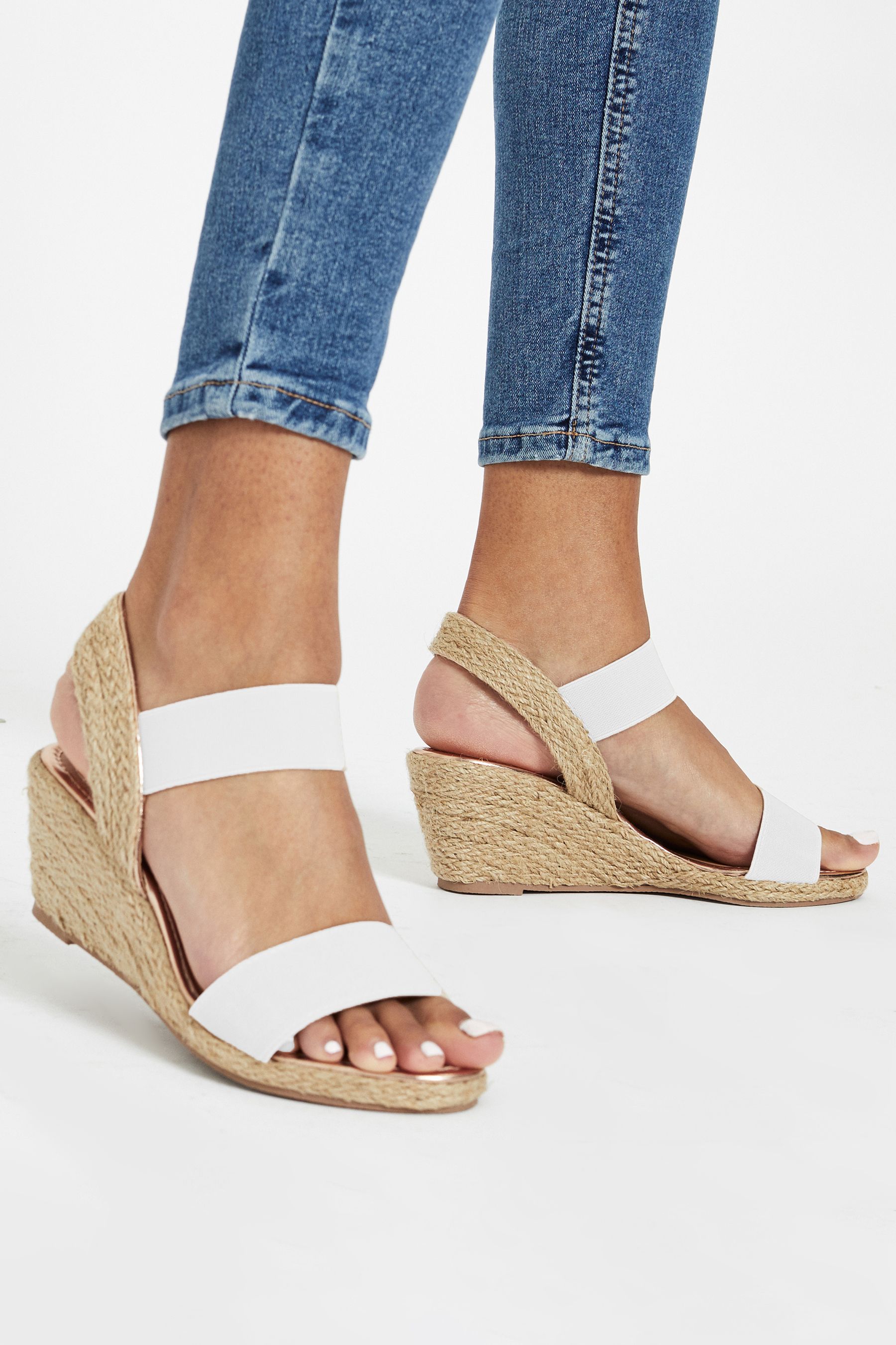 Lipsy White Wide FIt Elastic Low Wedge Espadrille Sandal