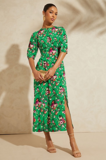 V&A | Love & Roses Green Floral Printed Empire Puff Sleeve Split Midi Dress