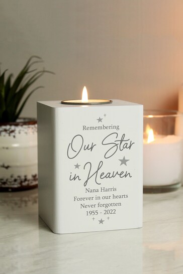Personalised Our Star In Heaven White Wooden Tea Light Holder by PMC