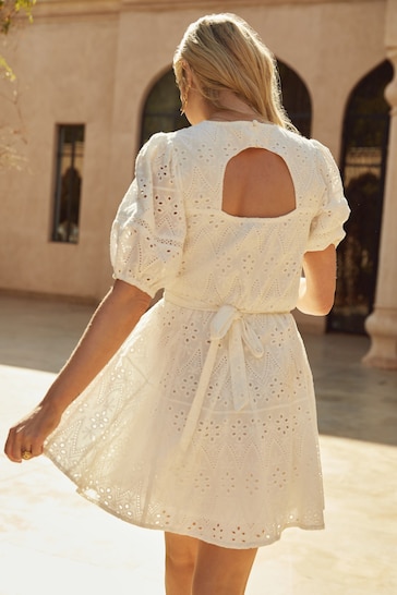 Love & Roses White Broderie Puff Sleeve Belted Mini Summer Dress