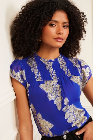 Gifts £100 & Over Cobalt Jacquard Ruffle High Neck Shirred Front Short Sleeve Shell Top
