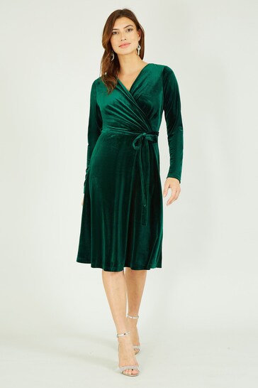 Yumi Green Velvet Wrap flared Dress