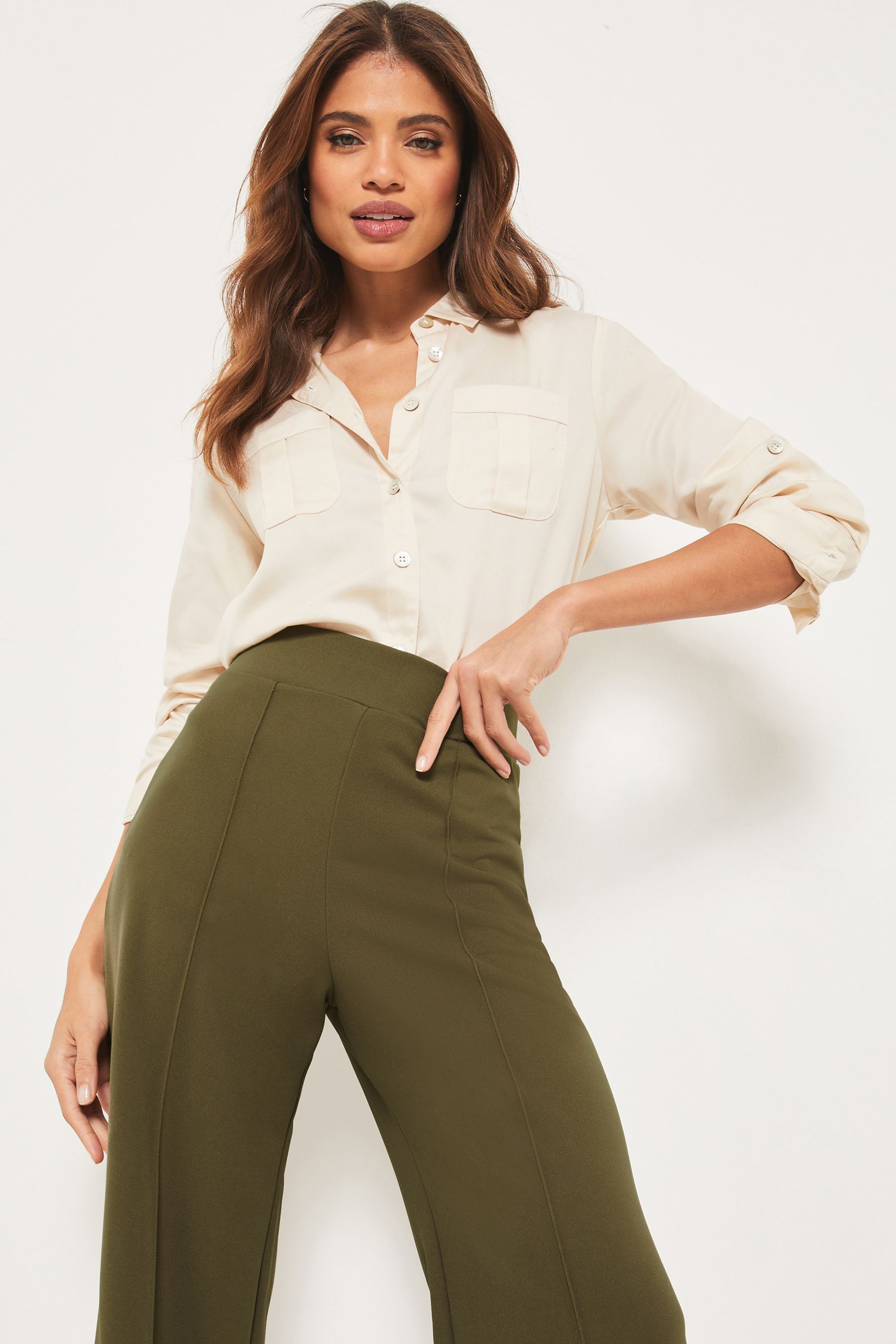Lipsy Khaki Green High Waist Wide Leg Tailored Trousers