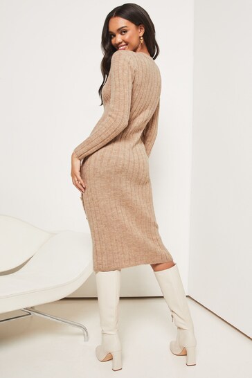 Lipsy Neutral Knitted Button Detail Jumper Dress