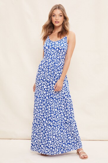 Friends Like These Blue Animal Strappy Tiered Scoop Neck Summer Maxi Dress
