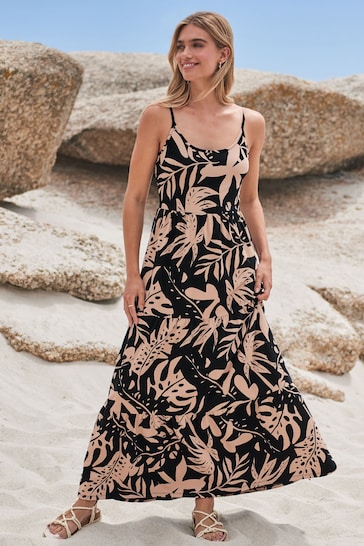 Friends Like These Black Tropical Strappy Tiered Scoop Neck Summer Maxi Dress