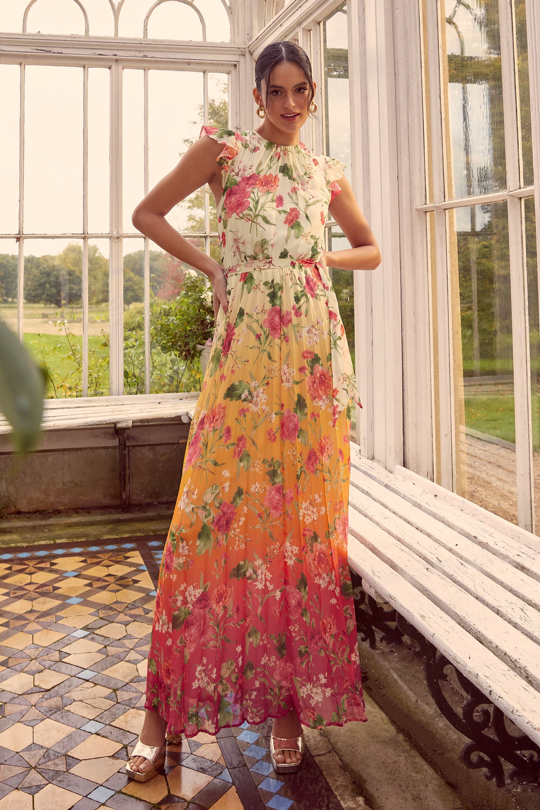 Buy Love & Roses Flutter Sleeve Pleated Maxi Dress from the Next