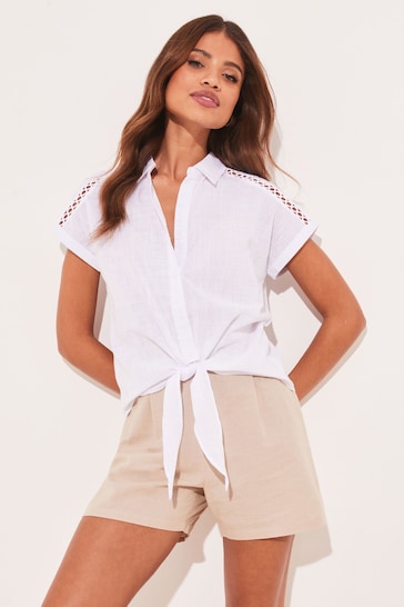 Lipsy White Short Sleeved Tie Front Button Up Shirt