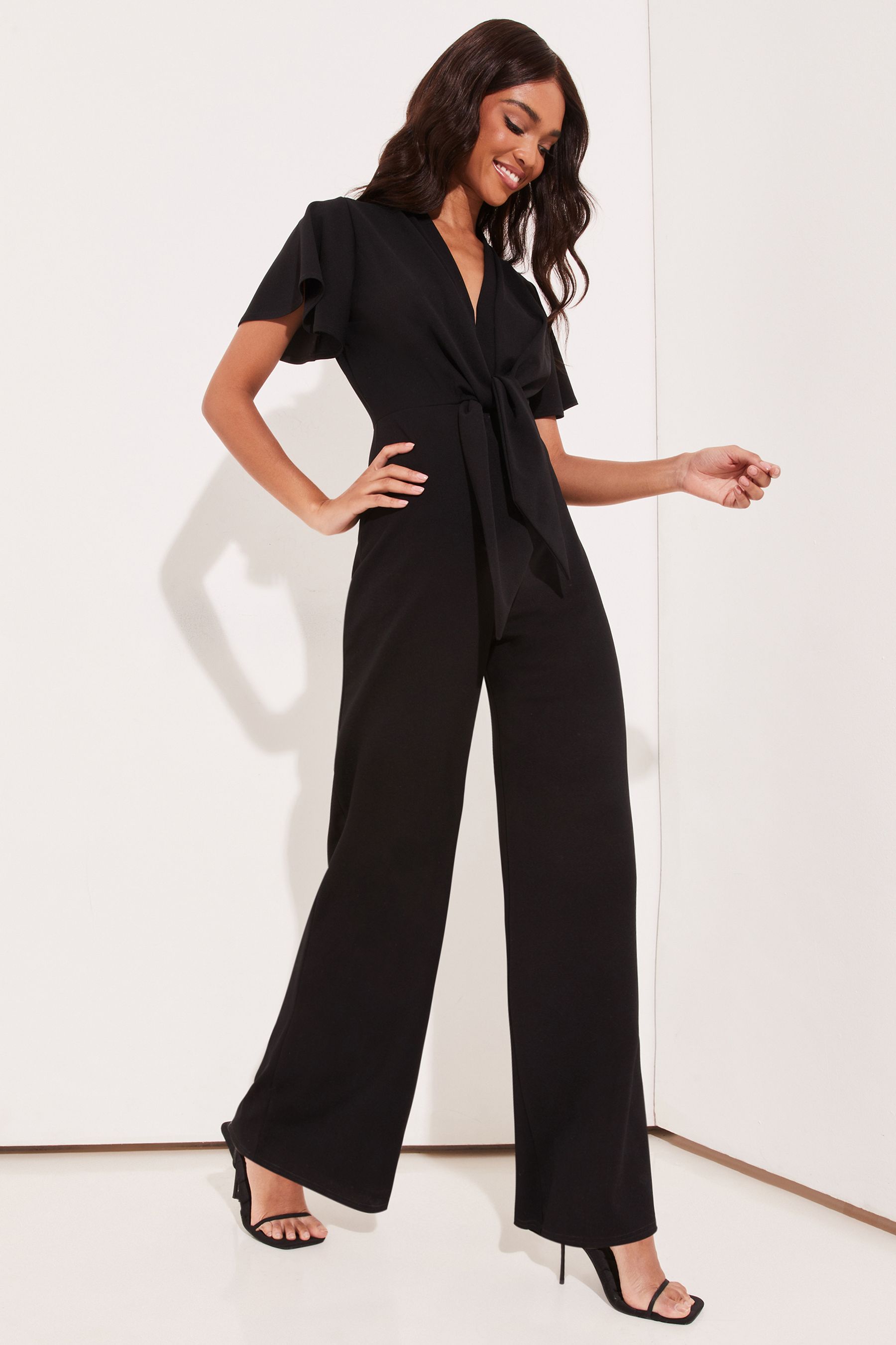 Lipsy Black Flutter Sleeve V Neck Tie Front Wide Leg Jumpsuit