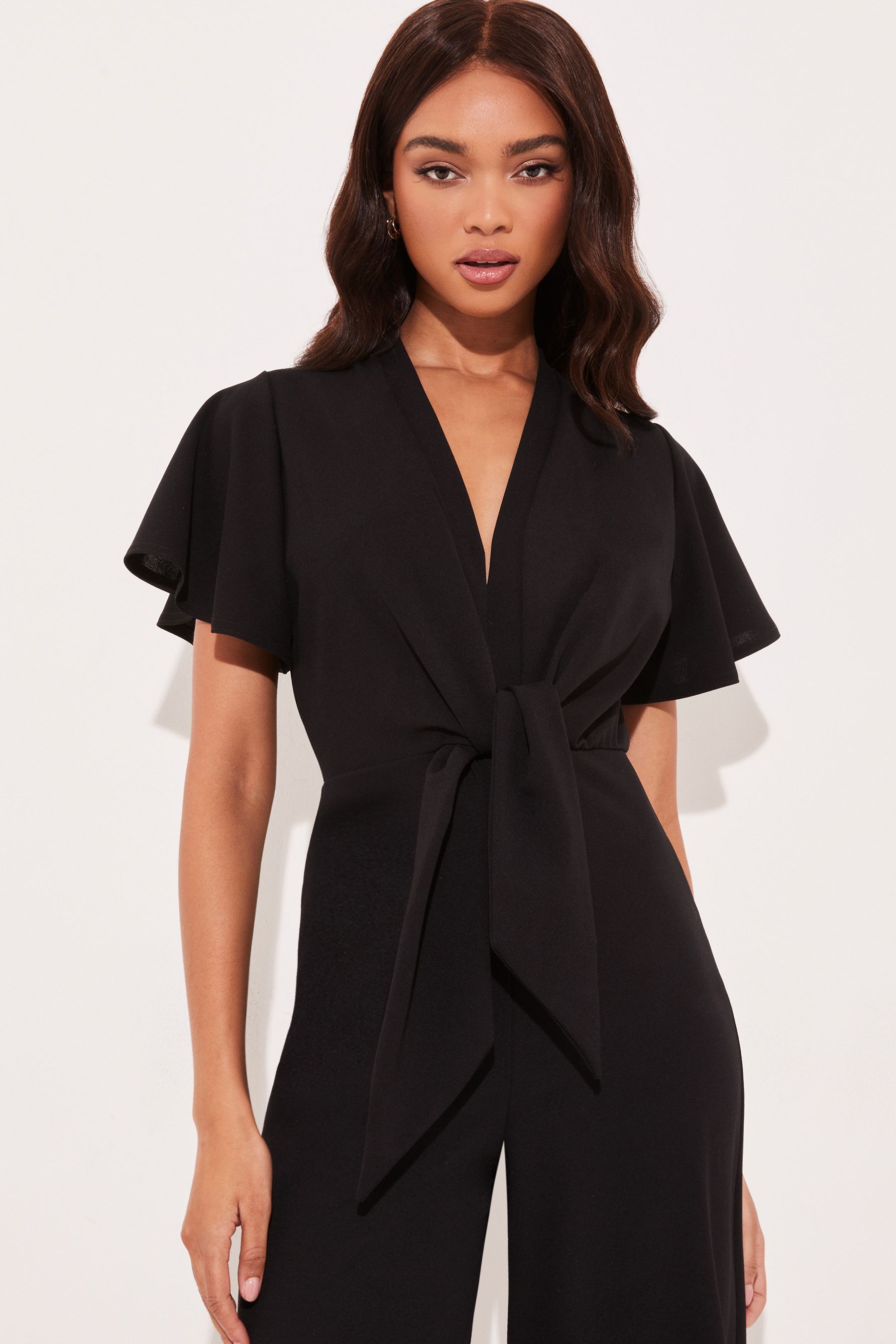 Lipsy Black Flutter Sleeve V Neck Tie Front Wide Leg Jumpsuit
