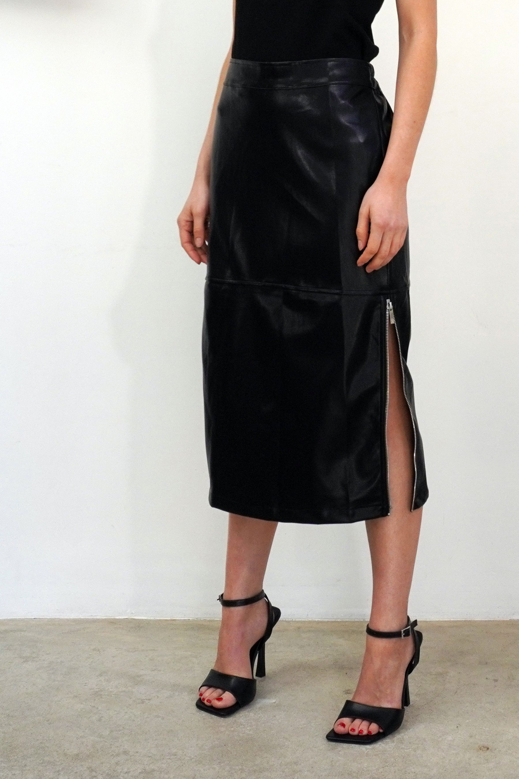 Buy Religion Black Faux Leather Pencil Skirt With Side Zip Detail