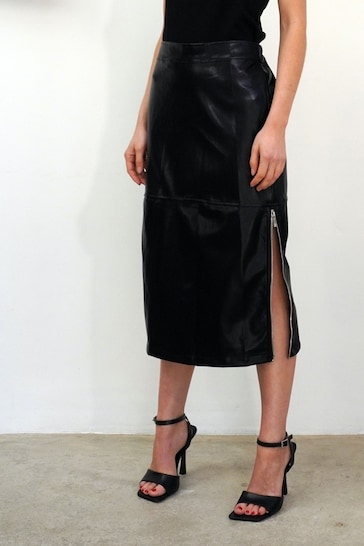 Religion Black Faux Leather Pencil Skirt With Side Zip Detail