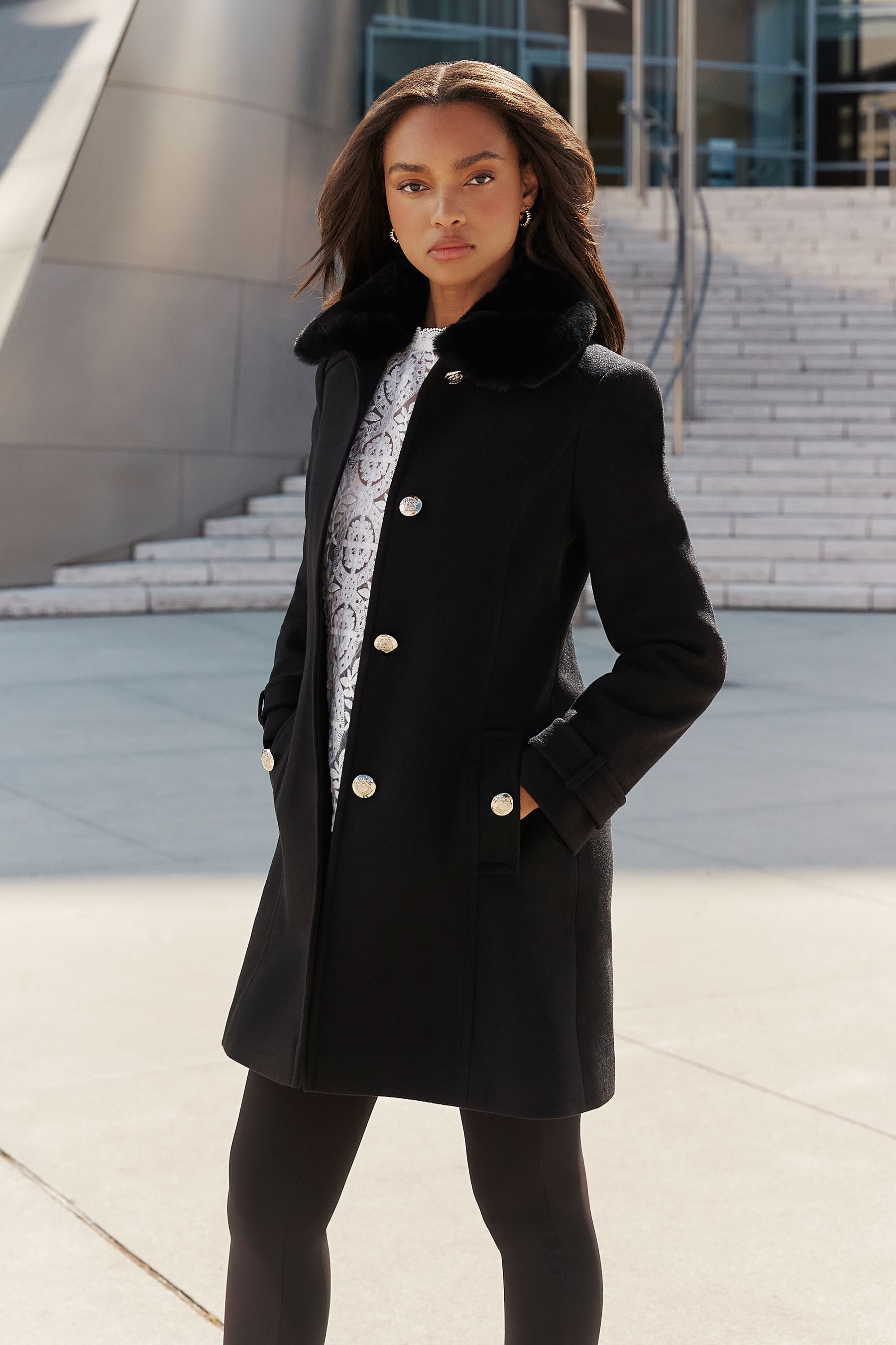 Women's black coat cheap with faux fur collar