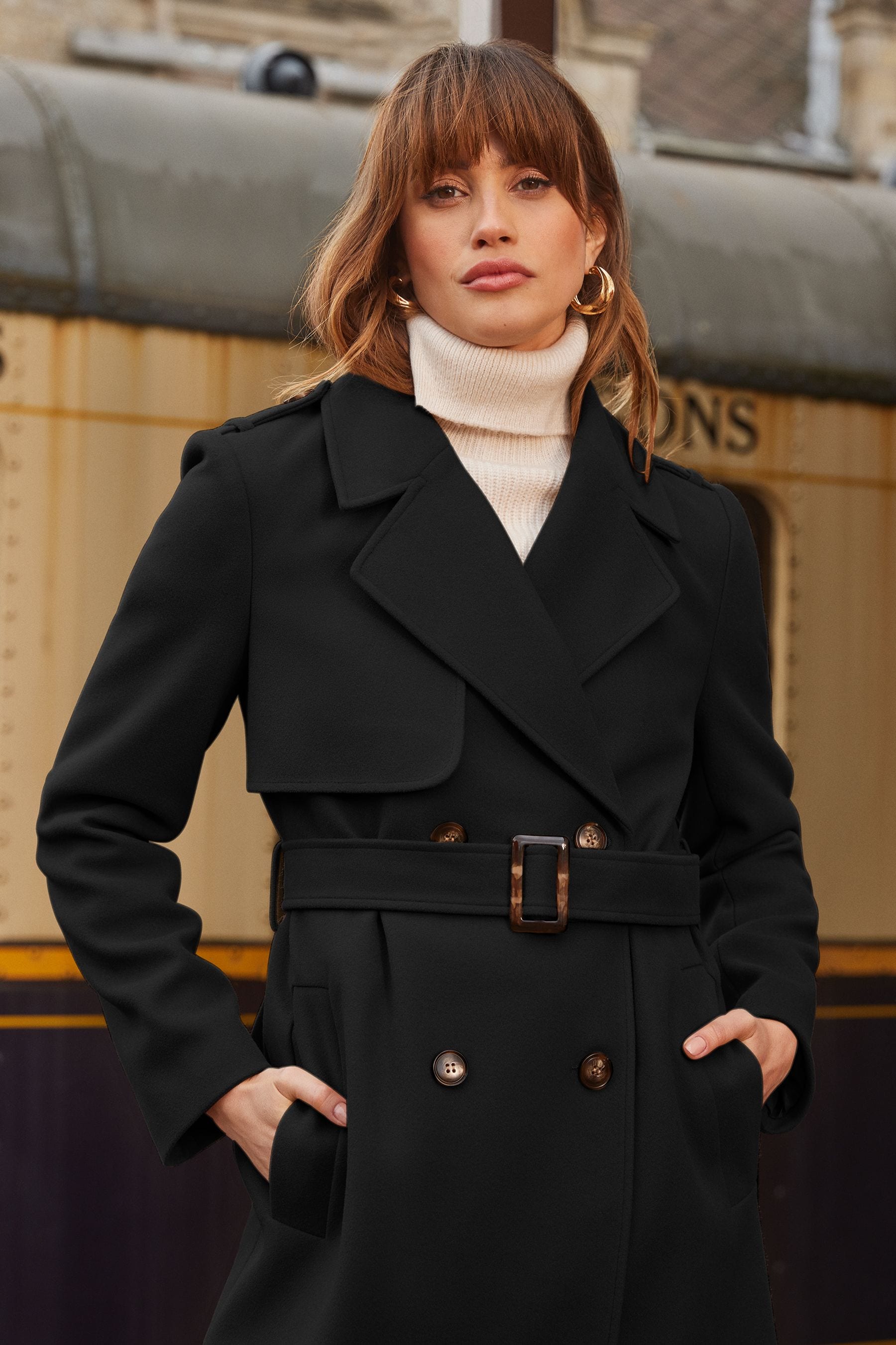 Black double breasted trench coat clearance womens