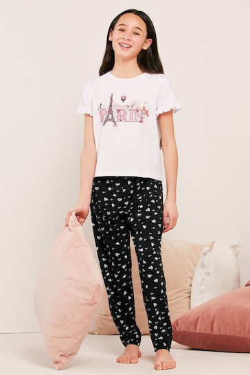 Lipsy Black Frill Short Sleeve Long Leg Pyjamas
