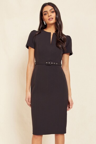 Friends Like These Black Short Sleeve Belted Notch Neck Tailored Midi Dress