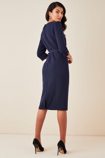 Friends Like These Navy Petite Short Sleeve Belted V Neck Tailored Midi Dress