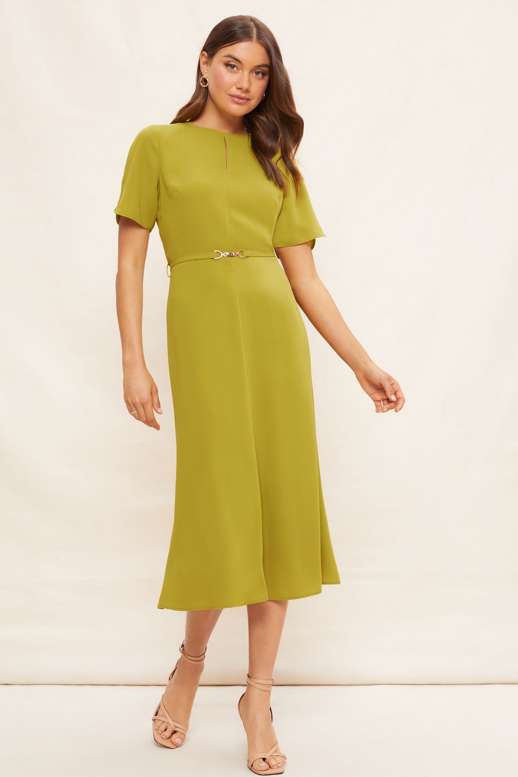 Friends Like These Green Tulip Sleeve Belted Flute Hem Midi Dress