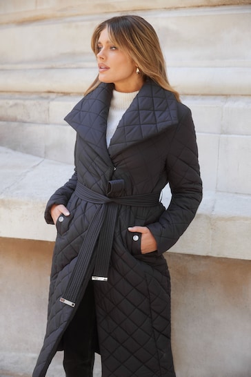 Lipsy Black Petite Quilted Belted Wrap Padded Coat