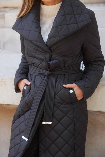 Lipsy Black Petite Quilted Belted Wrap Padded Coat