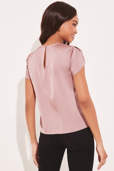 Lipsy Nude Tulip Sleeve Round Neck Button Detail Satin Top