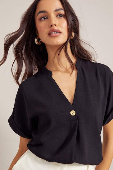 Friends Like These Black V Neck Roll Sleeve Button Blouse