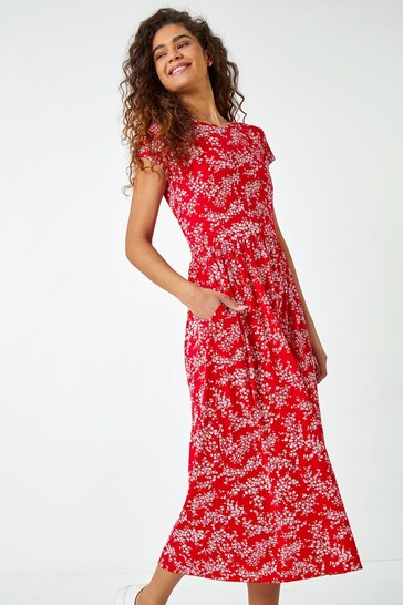 Roman Red Floral Print Midi Stretch Dress