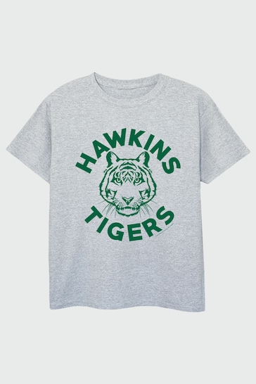 Brands In White Netflix Stranger Things Hawkins Tigers Girls Heather Grey T-Shirt