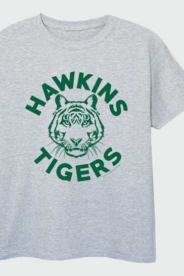 Brands In White Netflix Stranger Things Hawkins Tigers Girls Heather Grey T-Shirt