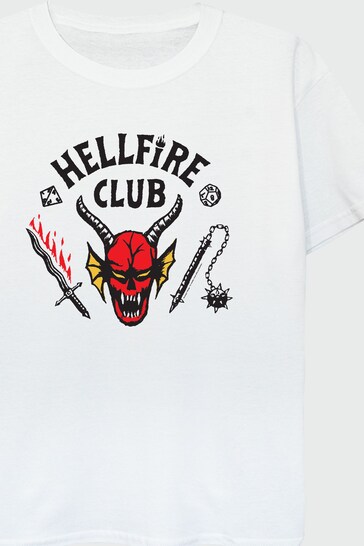 Brands In WHITE Netflix Stranger Things Hellfire Club Boys White T-Shirt