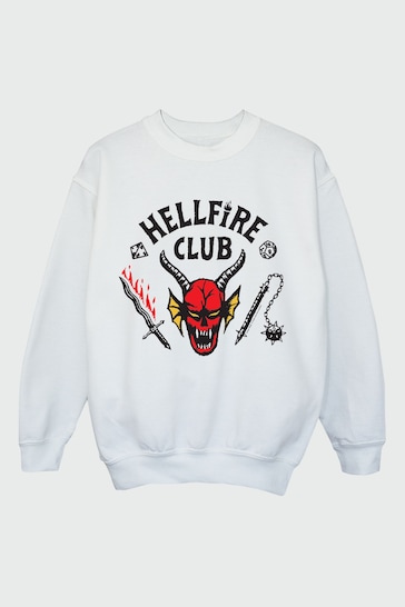 Brands In WHITE Netflix Stranger Things Hellfire Club Girls White Sweatshirt