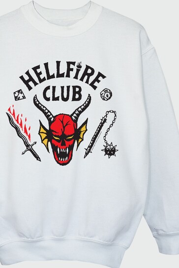 Brands In WHITE Netflix Stranger Things Hellfire Club Girls White Sweatshirt