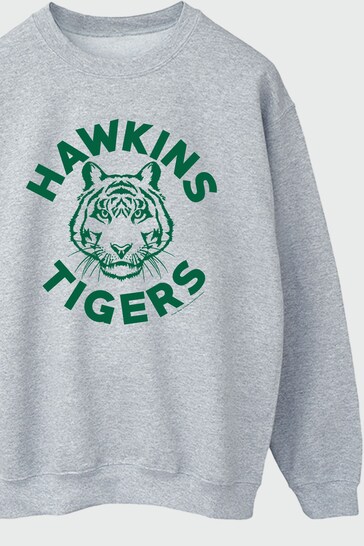 Brands In GREY Netflix Stranger Things Hawkins Tigers Boys Heather Grey Sweatshirt