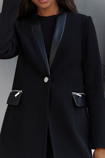 Lipsy Black Faux Leather Trim Pocket Zip Coat