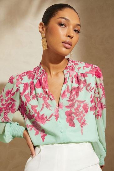 V&A | Love & Roses Blue Floral Printed Puff Sleeve V Neck Long Sleeve Button Up Blouse