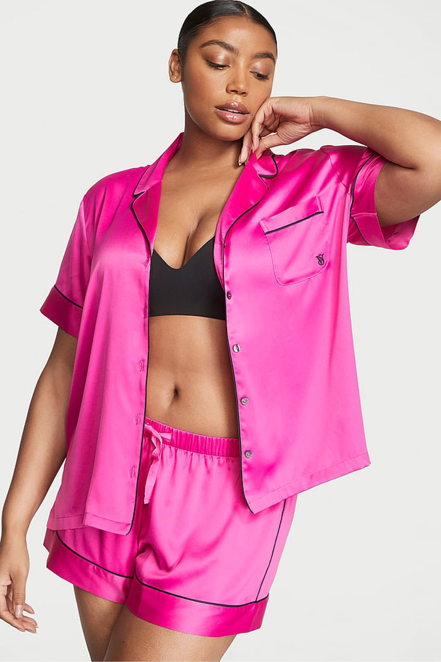 Buy Victoria s Secret Fuchsia Frenzy Pink Satin Short Pyjama Set from the Next UK online shop