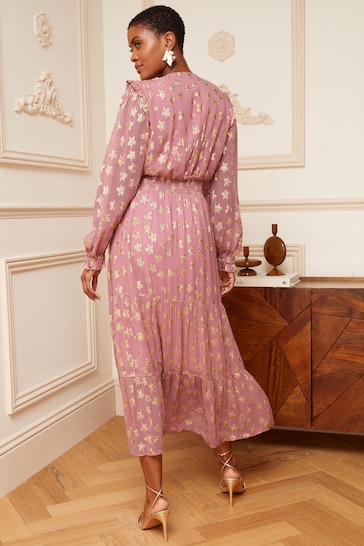 Buy Love u0026 Roses Pink Star Metallic V Neck Ruffle Long Sleeve Midi Summer  Dress from the Next UK online shop