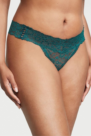 Victoria's Secret Black Ivy Green Double Side Lace Up Thong Lace Knickers