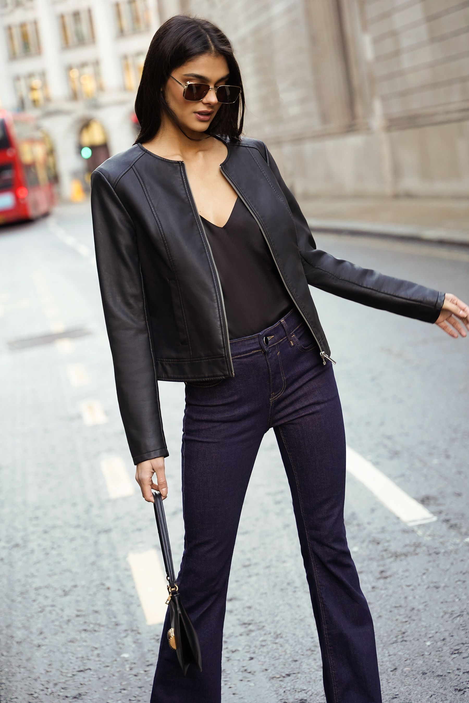 Short black clearance faux leather jacket