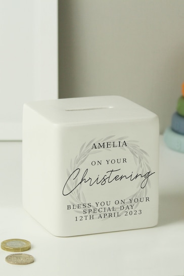 Personalised Christening Ceramic Square Money Box by PMC