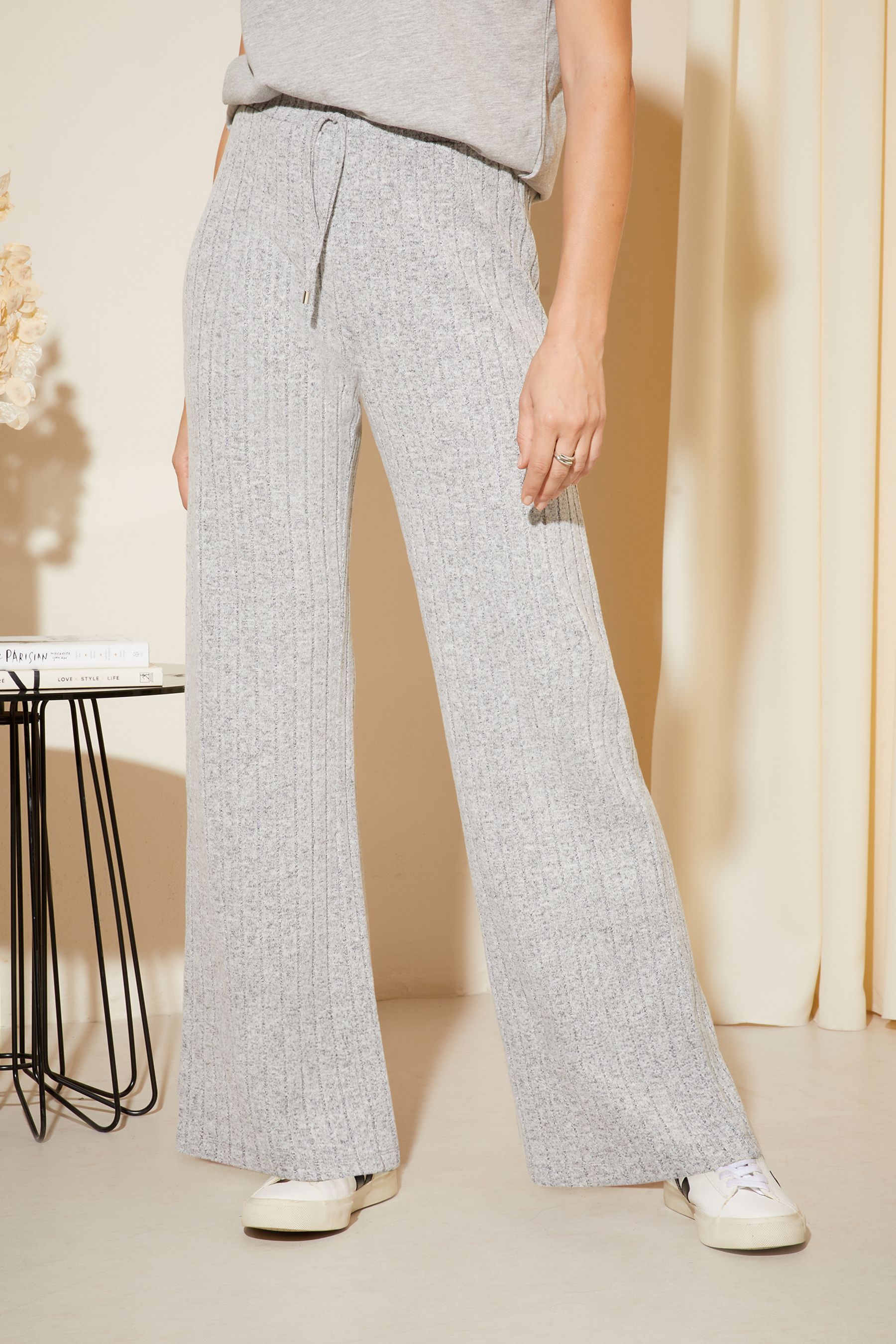 Grey ribbed best sale wide leg trousers