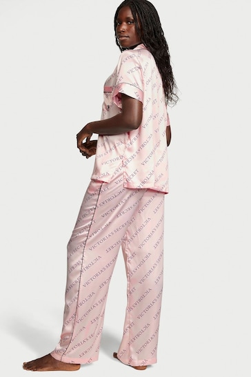 Victoria's Secret Purest Pink Diagonal Logo Short Sleeve Satin Long Pyjamas