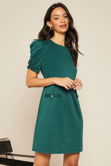 Friends Like These Green Short Puff Sleeve Round Neck Shift Dress