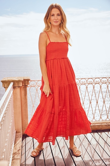 Friends Like These Red Strappy Ruched Texture Tiered Midi Summer Dress