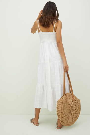 Friends Like These White Strappy Ruched Texture Tiered Midi Dress