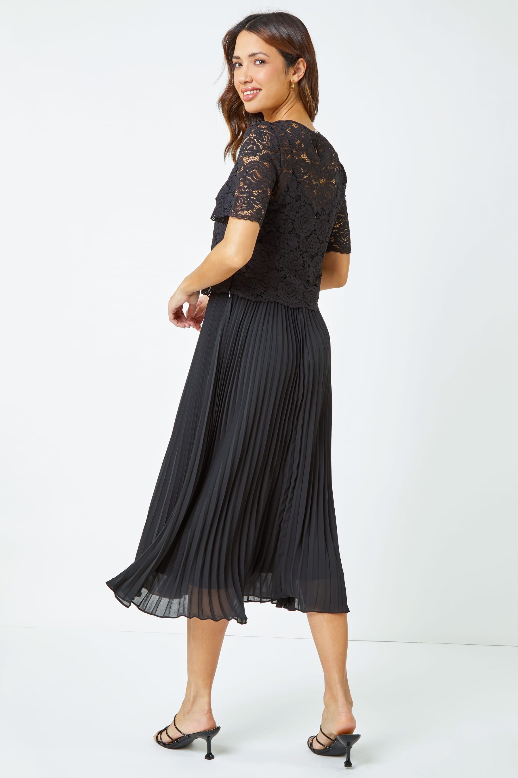 Lace top midi dress with pleated skirt hotsell