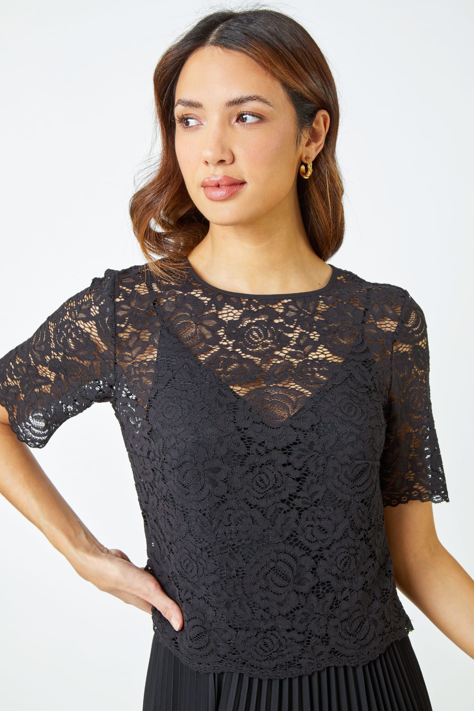 Buy Roman Black Lace Top Overlay Pleated Midi Dress from the Next