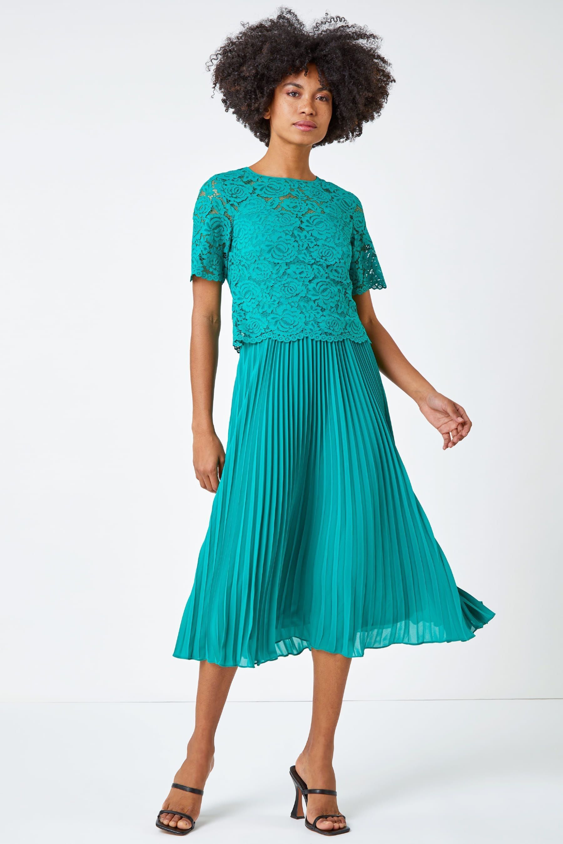 Buy Roman Green Lace Top Overlay Pleated Midi Dress from the Next
